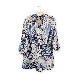 St. John SoCa Silk Blue & White Abstract Printed Zip Up Jacket Size L